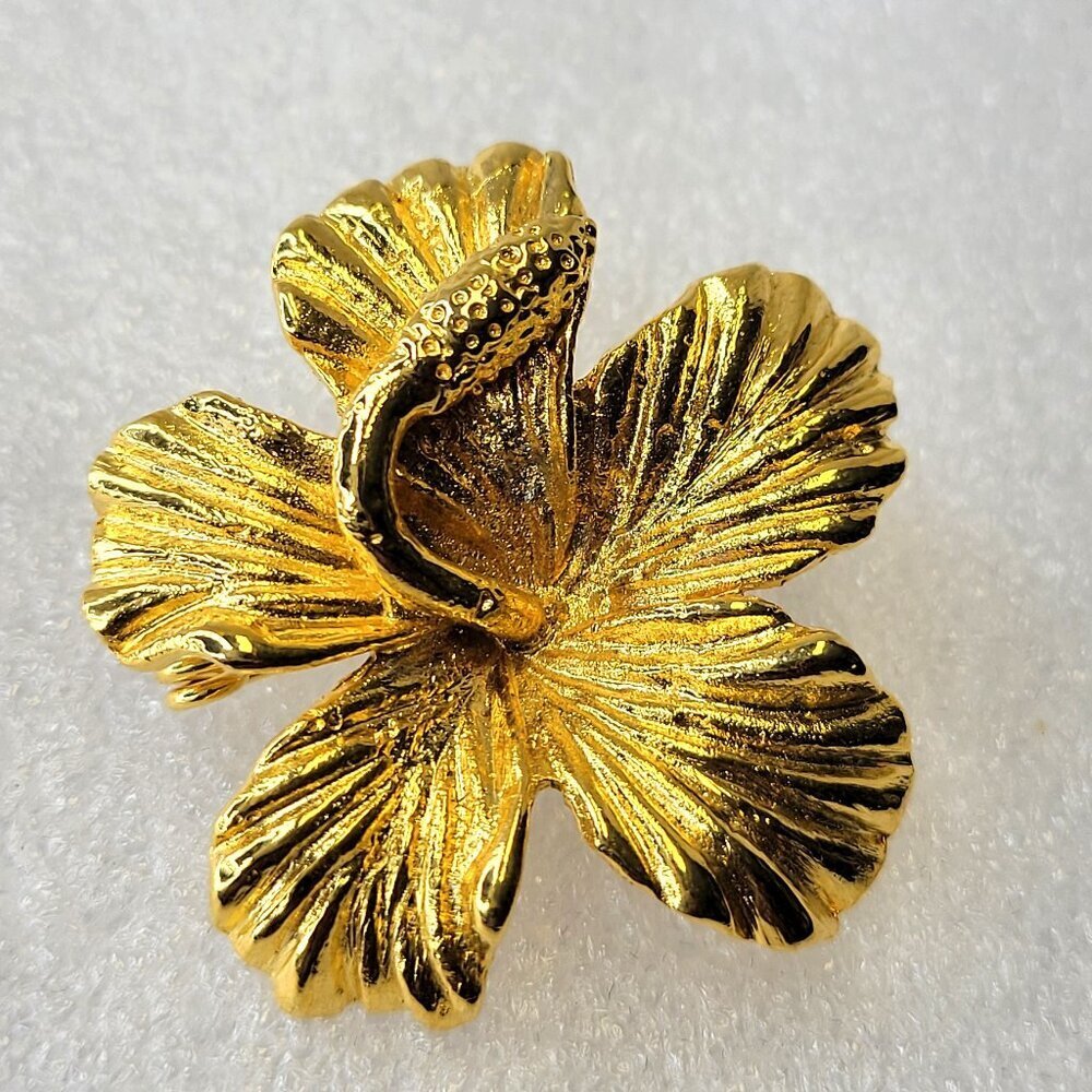 Large Gold Plated Hibiscus Brooch Pin